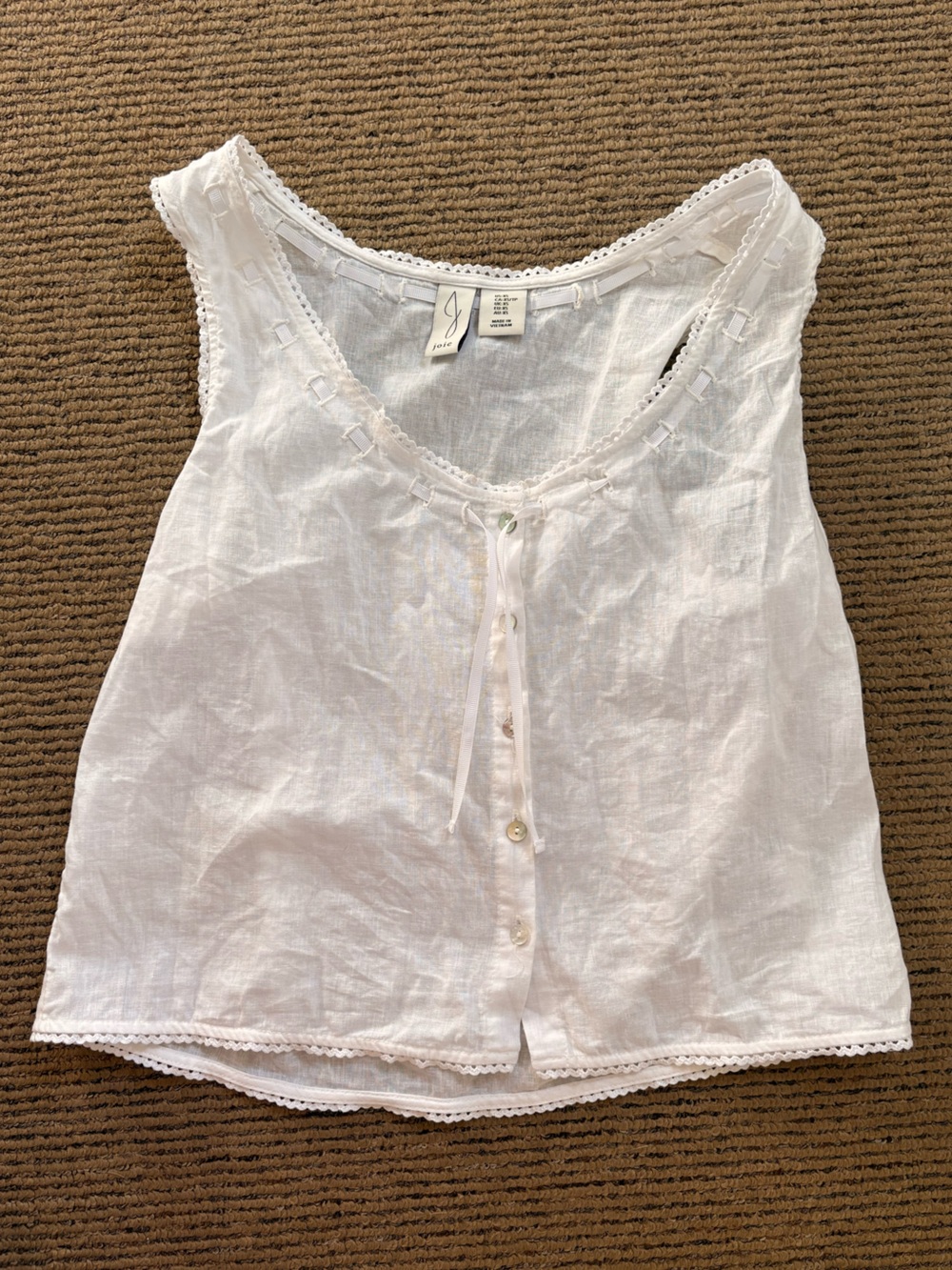 Lightweight Joie cotton and linen white Button-Front Tank Top with ribbon fits S